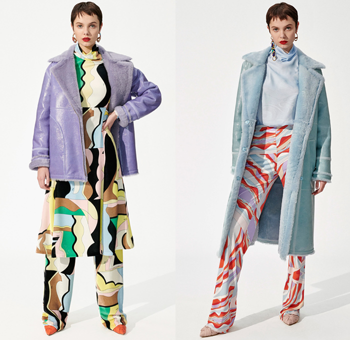 Emilio Pucci 2019 Pre-Fall Autumn Womens Lookbook Presentation - 1960s Sixties One Shoulder Knit Handkerchief Hem Scarf Shawl Sheer Chiffon Geometric Swirls Flowers Floral Stripes Pattern Blouse Accordion Pleats Skirt Dress Logo Mania Bedazzled Embroidery Sequins Mesh Mockneck Wide Leg Pants Miniskirt Sunglasses PVC Vinyl Pleather Pantsuit Outerwear Fur Plush Coat Tights Stockings Handbag Purse Bucket Hat