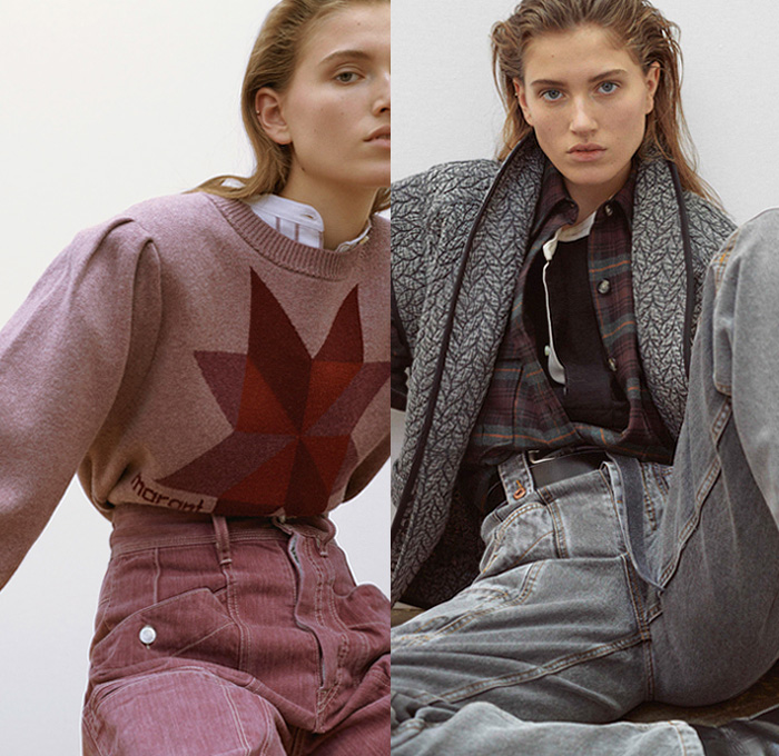 Étoile Isabel Marant 2019 Pre-Fall Autumn Womens Lookbook Presentation - Victorian Ruffles Lace Embroidery Needlework Leg O'Mutton Bell Sleeves High Waist Denim Jeans Panels Jacket Shearling Fur Knit Sweater Cardigan Quilted Vest Plaid Check Poncho Coat Henley Shirt Corduroy Flowers Floral Babydoll Dress Anorak Canvas Vintage Leather Cargo Pockets