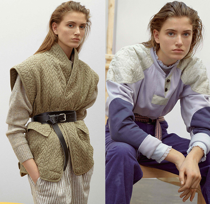 Étoile Isabel Marant 2019 Pre-Fall Autumn Womens Lookbook Presentation - Victorian Ruffles Lace Embroidery Needlework Leg O'Mutton Bell Sleeves High Waist Denim Jeans Panels Jacket Shearling Fur Knit Sweater Cardigan Quilted Vest Plaid Check Poncho Coat Henley Shirt Corduroy Flowers Floral Babydoll Dress Anorak Canvas Vintage Leather Cargo Pockets