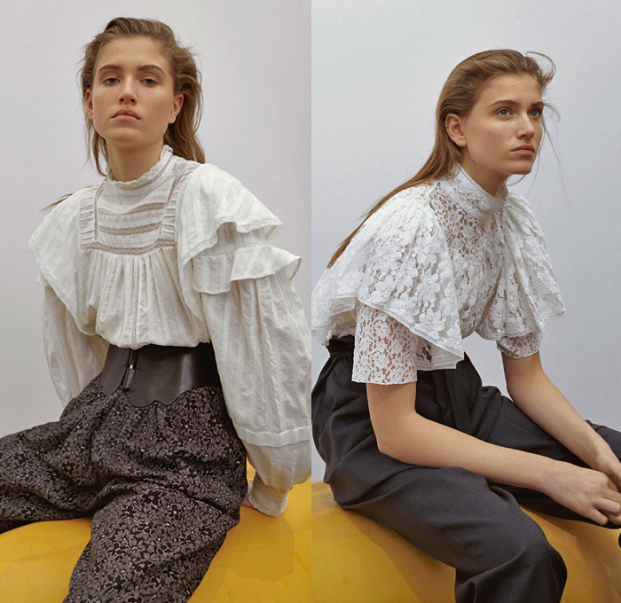 Étoile Isabel Marant 2019 Pre-Fall Autumn Womens Lookbook Presentation - Victorian Ruffles Lace Embroidery Needlework Leg O'Mutton Bell Sleeves High Waist Denim Jeans Panels Jacket Shearling Fur Knit Sweater Cardigan Quilted Vest Plaid Check Poncho Coat Henley Shirt Corduroy Flowers Floral Babydoll Dress Anorak Canvas Vintage Leather Cargo Pockets