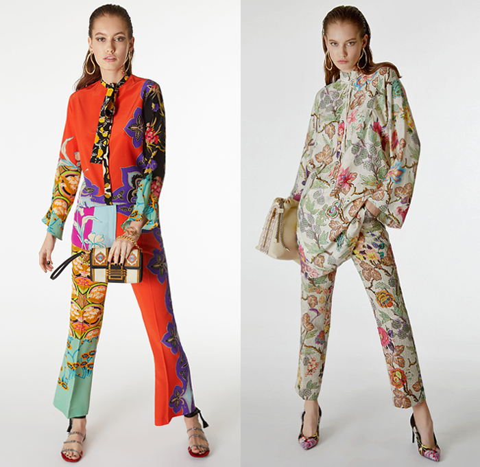 Etro 2019 Pre Fall Autumn Womens Lookbook Presentation - Veronica Etro - Artsy-Crafty Collage Bohemian Mix Mash Up Prints Graphic Flowers Floral Paisley Decorative Embroidery Silk Sheer Chiffon Long Sleeve Blouse Shirtdress Kaftan Kimono Robe Coat Fare Denim Jeans Knit Crochet Mesh Fringes Tweed Ruffles Sleepwear Lounge Tiered Dress Wide Bell Sleeves Scarf Bedazzled Handbag Purse Flats