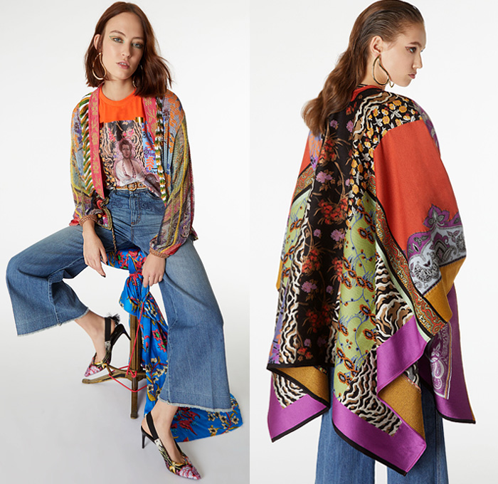 Etro 2019 Pre Fall Autumn Womens Lookbook Presentation - Veronica Etro - Artsy-Crafty Collage Bohemian Mix Mash Up Prints Graphic Flowers Floral Paisley Decorative Embroidery Silk Sheer Chiffon Long Sleeve Blouse Shirtdress Kaftan Kimono Robe Coat Fare Denim Jeans Knit Crochet Mesh Fringes Tweed Ruffles Sleepwear Lounge Tiered Dress Wide Bell Sleeves Scarf Bedazzled Handbag Purse Flats