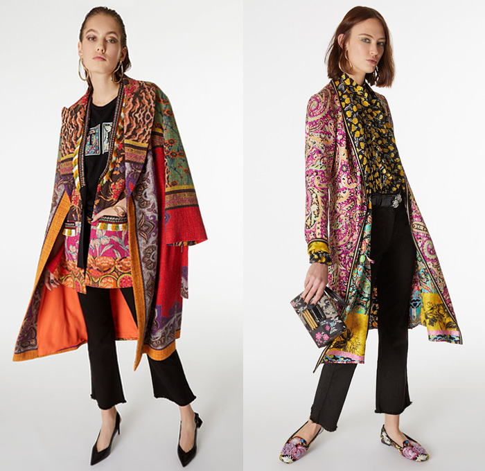 Etro 2019 Pre Fall Autumn Womens Lookbook Presentation - Veronica Etro - Artsy-Crafty Collage Bohemian Mix Mash Up Prints Graphic Flowers Floral Paisley Decorative Embroidery Silk Sheer Chiffon Long Sleeve Blouse Shirtdress Kaftan Kimono Robe Coat Fare Denim Jeans Knit Crochet Mesh Fringes Tweed Ruffles Sleepwear Lounge Tiered Dress Wide Bell Sleeves Scarf Bedazzled Handbag Purse Flats