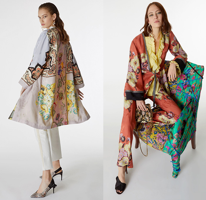 Etro 2019 Pre Fall Autumn Womens Lookbook Presentation - Veronica Etro - Artsy-Crafty Collage Bohemian Mix Mash Up Prints Graphic Flowers Floral Paisley Decorative Embroidery Silk Sheer Chiffon Long Sleeve Blouse Shirtdress Kaftan Kimono Robe Coat Fare Denim Jeans Knit Crochet Mesh Fringes Tweed Ruffles Sleepwear Lounge Tiered Dress Wide Bell Sleeves Scarf Bedazzled Handbag Purse Flats