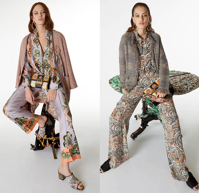 Etro 2019 Pre Fall Autumn Womens Lookbook Presentation - Veronica Etro - Artsy-Crafty Collage Bohemian Mix Mash Up Prints Graphic Flowers Floral Paisley Decorative Embroidery Silk Sheer Chiffon Long Sleeve Blouse Shirtdress Kaftan Kimono Robe Coat Fare Denim Jeans Knit Crochet Mesh Fringes Tweed Ruffles Sleepwear Lounge Tiered Dress Wide Bell Sleeves Scarf Bedazzled Handbag Purse Flats