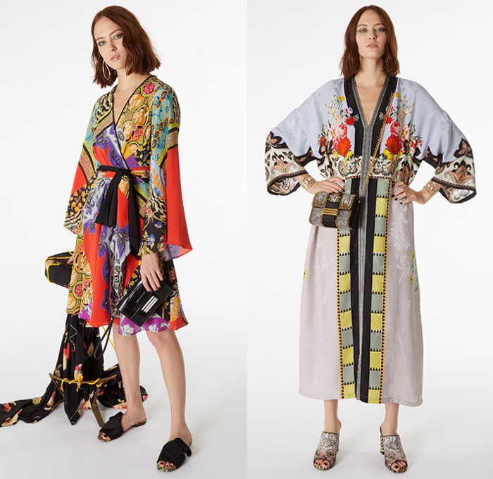 Etro 2019 Pre Fall Autumn Womens Lookbook Presentation - Veronica Etro - Artsy-Crafty Collage Bohemian Mix Mash Up Prints Graphic Flowers Floral Paisley Decorative Embroidery Silk Sheer Chiffon Long Sleeve Blouse Shirtdress Kaftan Kimono Robe Coat Fare Denim Jeans Knit Crochet Mesh Fringes Tweed Ruffles Sleepwear Lounge Tiered Dress Wide Bell Sleeves Scarf Bedazzled Handbag Purse Flats