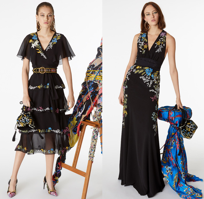 Etro 2019 Pre Fall Autumn Womens Lookbook Presentation - Veronica Etro - Artsy-Crafty Collage Bohemian Mix Mash Up Prints Graphic Flowers Floral Paisley Decorative Embroidery Silk Sheer Chiffon Long Sleeve Blouse Shirtdress Kaftan Kimono Robe Coat Fare Denim Jeans Knit Crochet Mesh Fringes Tweed Ruffles Sleepwear Lounge Tiered Dress Wide Bell Sleeves Scarf Bedazzled Handbag Purse Flats