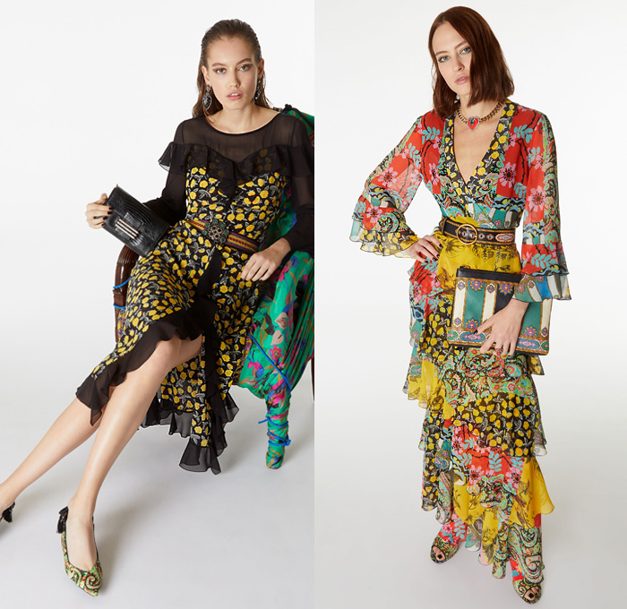 Etro 2019 Pre Fall Autumn Womens Lookbook Presentation - Veronica Etro - Artsy-Crafty Collage Bohemian Mix Mash Up Prints Graphic Flowers Floral Paisley Decorative Embroidery Silk Sheer Chiffon Long Sleeve Blouse Shirtdress Kaftan Kimono Robe Coat Fare Denim Jeans Knit Crochet Mesh Fringes Tweed Ruffles Sleepwear Lounge Tiered Dress Wide Bell Sleeves Scarf Bedazzled Handbag Purse Flats