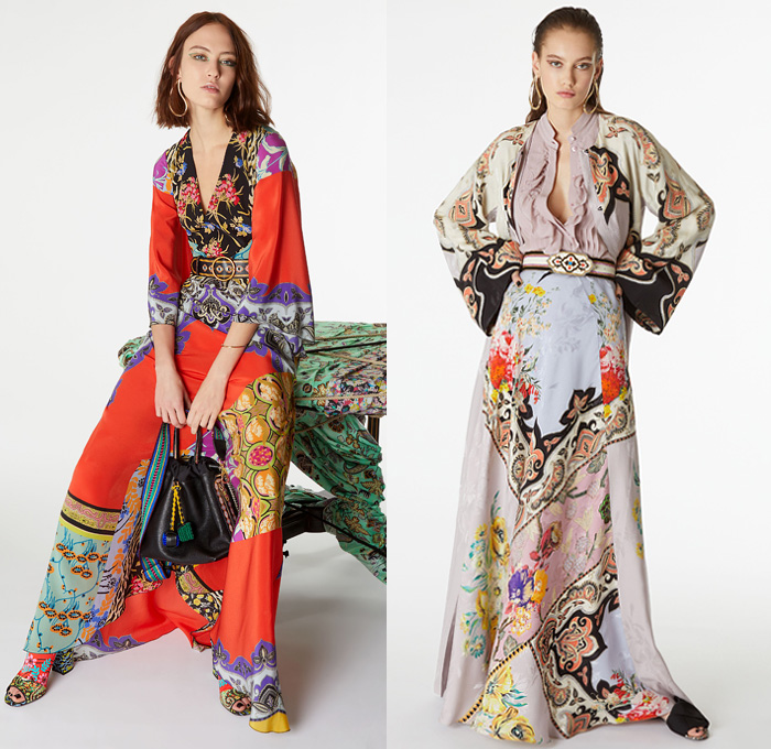 Etro 2019 Pre Fall Autumn Womens Lookbook Presentation - Veronica Etro - Artsy-Crafty Collage Bohemian Mix Mash Up Prints Graphic Flowers Floral Paisley Decorative Embroidery Silk Sheer Chiffon Long Sleeve Blouse Shirtdress Kaftan Kimono Robe Coat Fare Denim Jeans Knit Crochet Mesh Fringes Tweed Ruffles Sleepwear Lounge Tiered Dress Wide Bell Sleeves Scarf Bedazzled Handbag Purse Flats