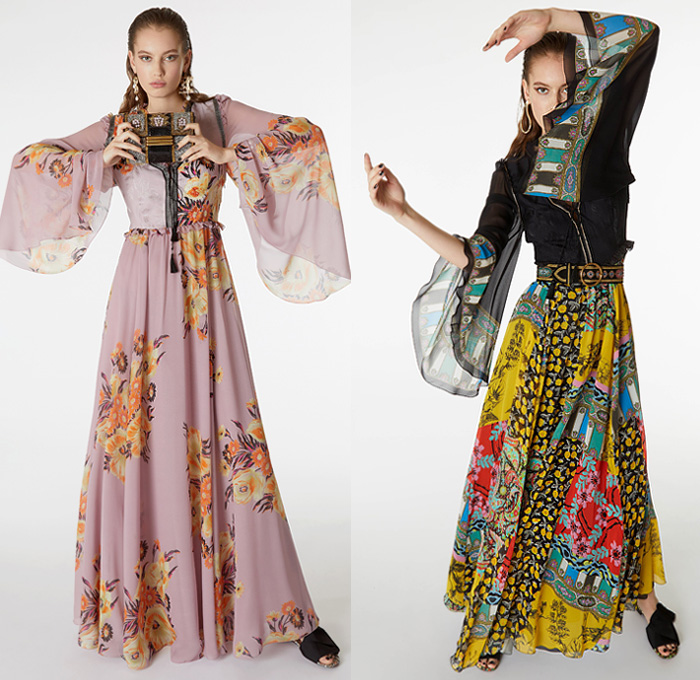 Etro 2019 Pre Fall Autumn Womens Lookbook Presentation - Veronica Etro - Artsy-Crafty Collage Bohemian Mix Mash Up Prints Graphic Flowers Floral Paisley Decorative Embroidery Silk Sheer Chiffon Long Sleeve Blouse Shirtdress Kaftan Kimono Robe Coat Fare Denim Jeans Knit Crochet Mesh Fringes Tweed Ruffles Sleepwear Lounge Tiered Dress Wide Bell Sleeves Scarf Bedazzled Handbag Purse Flats