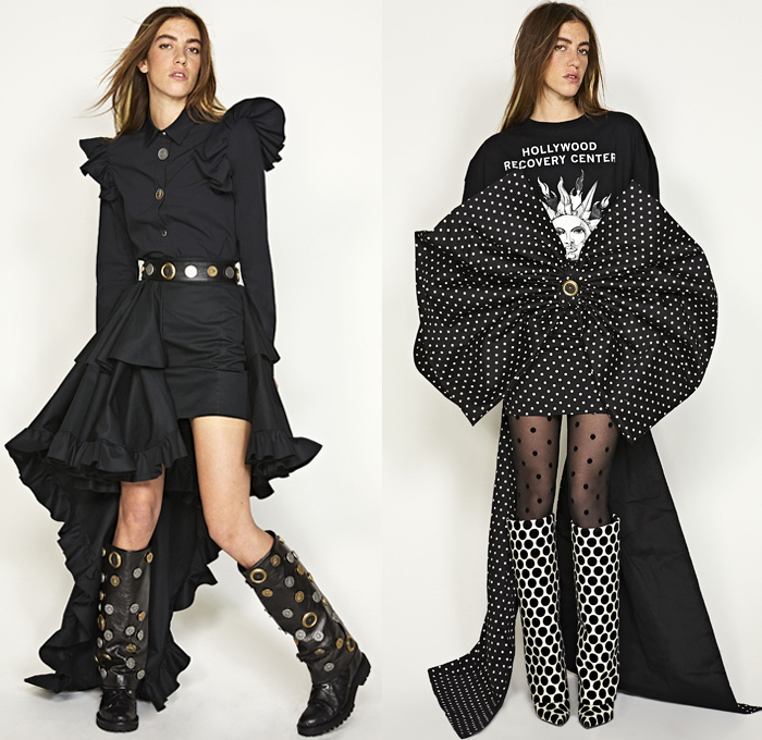 Fausto Puglisi 2019 Pre-Fall Autumn Womens Lookbook Presentation - Baroque Sun Motif Cutout Hip Wrap Ruffles Peplum Polka Dots Zebra Stripes Bedazzled Studs Coins Sheer Chiffon Velvet Tiered Strapless Babydoll Dress Poufy Shoulders Halterneck Asymmetrical Mullet High-Low Hem Miniskirt Giant Bow Knot Motorcycle Biker Jacket Blazer Jacketdress Parka Caftan Kaftan Gown Tights Stockings Knee High Boots