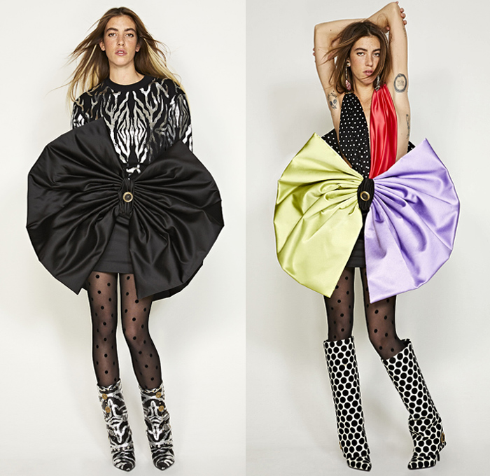 Fausto Puglisi 2019 Pre-Fall Autumn Womens Lookbook Presentation - Baroque Sun Motif Cutout Hip Wrap Ruffles Peplum Polka Dots Zebra Stripes Bedazzled Studs Coins Sheer Chiffon Velvet Tiered Strapless Babydoll Dress Poufy Shoulders Halterneck Asymmetrical Mullet High-Low Hem Miniskirt Giant Bow Knot Motorcycle Biker Jacket Blazer Jacketdress Parka Caftan Kaftan Gown Tights Stockings Knee High Boots