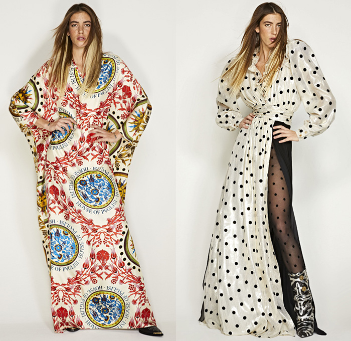 Fausto Puglisi 2019 Pre-Fall Autumn Womens Lookbook Presentation - Baroque Sun Motif Cutout Hip Wrap Ruffles Peplum Polka Dots Zebra Stripes Bedazzled Studs Coins Sheer Chiffon Velvet Tiered Strapless Babydoll Dress Poufy Shoulders Halterneck Asymmetrical Mullet High-Low Hem Miniskirt Giant Bow Knot Motorcycle Biker Jacket Blazer Jacketdress Parka Caftan Kaftan Gown Tights Stockings Knee High Boots