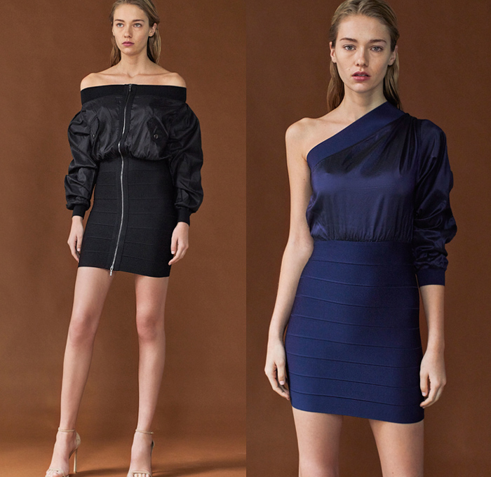 Hervé Léger 2019 Pre-Fall Autumn Womens Lookbook Presentation - Christian Juul Nielsen - Zebra Sheen V-Neck Sweater Miniskirt Hoodie Hybrid Sweatshirtdress Strapless Bomberdress Bandage Halterneck One Shoulder Silk Satin Bedazzled Embroidery Pleats Wrap Crop Top Midriff Cutout Shoulders Bodycon Fringes Threads Sleeveless Tiered Skirt Gown Eveningwear