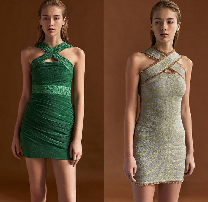 Hervé Léger 2019 Pre-Fall Autumn Womens Lookbook Presentation - Christian Juul Nielsen - Zebra Sheen V-Neck Sweater Miniskirt Hoodie Hybrid Sweatshirtdress Strapless Bomberdress Bandage Halterneck One Shoulder Silk Satin Bedazzled Embroidery Pleats Wrap Crop Top Midriff Cutout Shoulders Bodycon Fringes Threads Sleeveless Tiered Skirt Gown Eveningwear