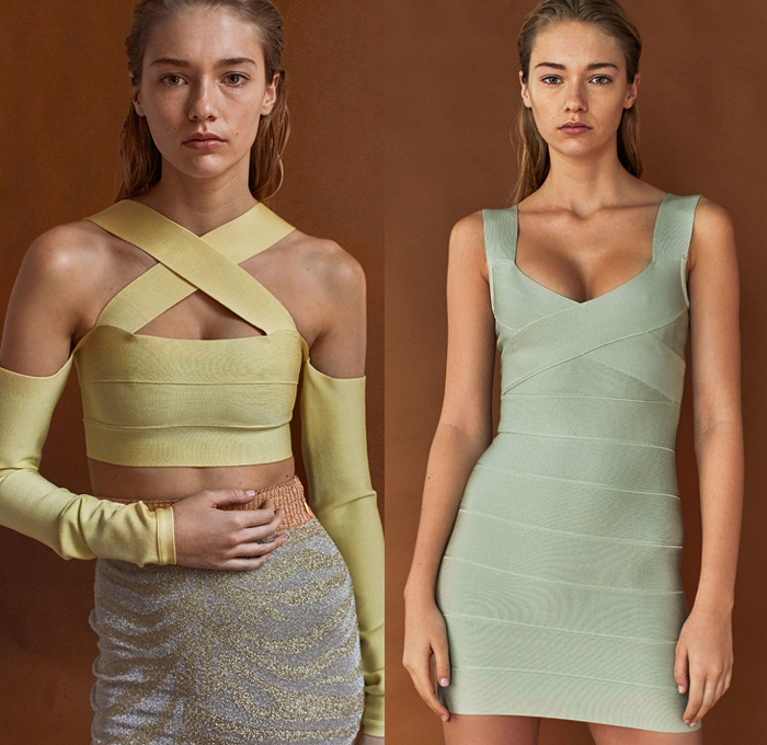 Hervé Léger 2019 Pre-Fall Autumn Womens Lookbook Presentation - Christian Juul Nielsen - Zebra Sheen V-Neck Sweater Miniskirt Hoodie Hybrid Sweatshirtdress Strapless Bomberdress Bandage Halterneck One Shoulder Silk Satin Bedazzled Embroidery Pleats Wrap Crop Top Midriff Cutout Shoulders Bodycon Fringes Threads Sleeveless Tiered Skirt Gown Eveningwear