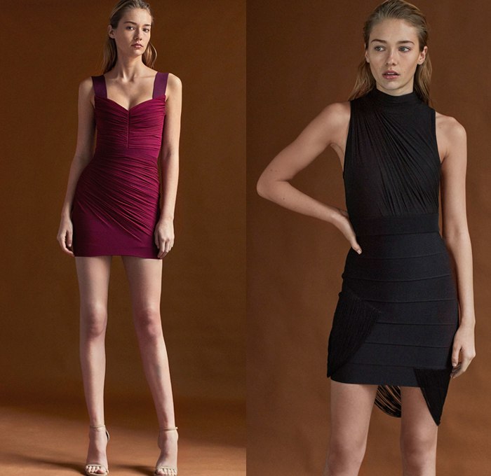 Hervé Léger 2019 Pre-Fall Autumn Womens Lookbook Presentation - Christian Juul Nielsen - Zebra Sheen V-Neck Sweater Miniskirt Hoodie Hybrid Sweatshirtdress Strapless Bomberdress Bandage Halterneck One Shoulder Silk Satin Bedazzled Embroidery Pleats Wrap Crop Top Midriff Cutout Shoulders Bodycon Fringes Threads Sleeveless Tiered Skirt Gown Eveningwear