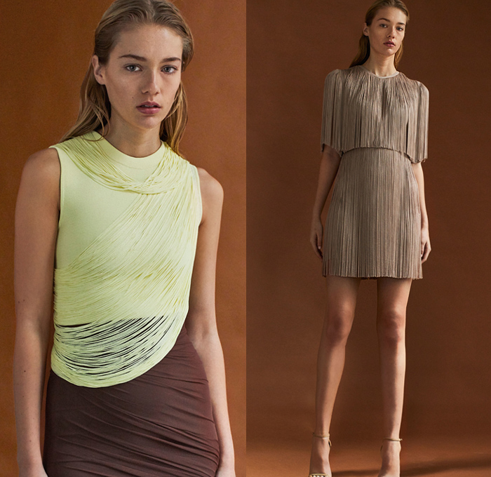 Hervé Léger 2019 Pre-Fall Autumn Womens Lookbook Presentation - Christian Juul Nielsen - Zebra Sheen V-Neck Sweater Miniskirt Hoodie Hybrid Sweatshirtdress Strapless Bomberdress Bandage Halterneck One Shoulder Silk Satin Bedazzled Embroidery Pleats Wrap Crop Top Midriff Cutout Shoulders Bodycon Fringes Threads Sleeveless Tiered Skirt Gown Eveningwear