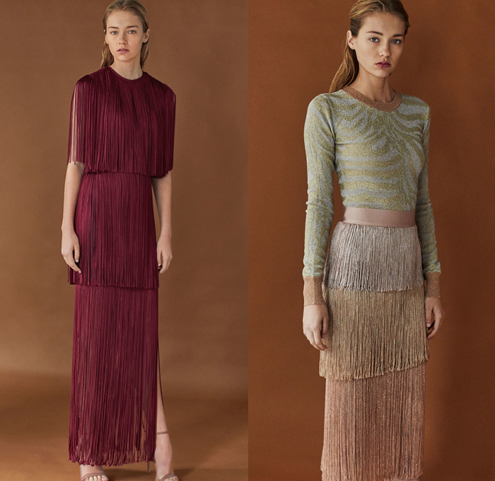 Hervé Léger 2019 Pre-Fall Autumn Womens Lookbook Presentation - Christian Juul Nielsen - Zebra Sheen V-Neck Sweater Miniskirt Hoodie Hybrid Sweatshirtdress Strapless Bomberdress Bandage Halterneck One Shoulder Silk Satin Bedazzled Embroidery Pleats Wrap Crop Top Midriff Cutout Shoulders Bodycon Fringes Threads Sleeveless Tiered Skirt Gown Eveningwear