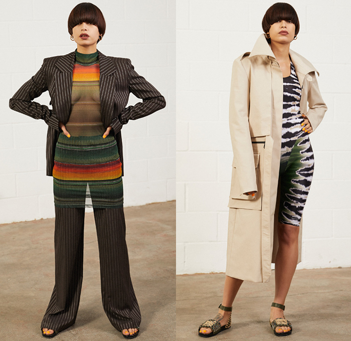 House of Holland 2019 Pre-Fall Autumn Womens Lookbook Presentation - Long Sleeve Shirt Stripes Tied Knot Translations Sweater Knitwear Tiered Skirt Asymmetrical Hem Military Fatigues Cargo Utility Pockets Mockneck Shorts Hotpants Denim Jean Jacket Tie-Dye Zebra Shirtdress Blazerdress Leg O'Mutton Sleeves Maxi Dress Coat Pantsuit Wide Leg Pants Unitard Leotard Sandals Boots