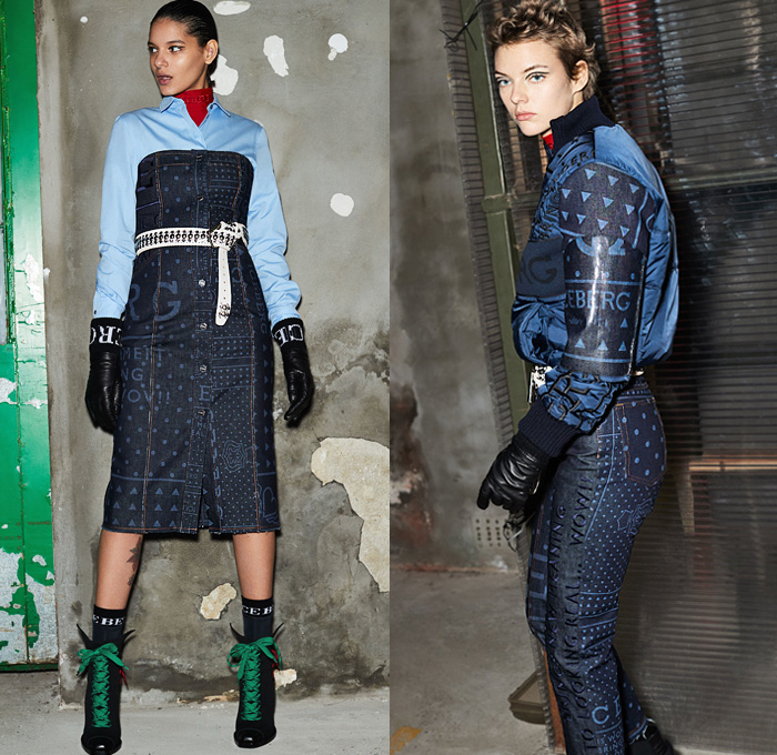 Iceberg 2019 Pre-Fall Autumn Womens Lookbook Presentation - Denim Jeans Polka Dots Typography Embroidery Blouse Gloves Strapless Dress Patchwork Quilted Puffer Parka Coat Bomber Jacket Sportswear Athleisure Track Jogger Nylon Anorak Knit Sweater Cardigan Shearling Fur Mixed Geometric Prints Disney Pleats Skirt Plaid Check Tuxedo Stripe Pantsuit Blazersweats Hybrid Fanny Pack Waist Pouch Bum Bag Wrapped Boots Trainers 