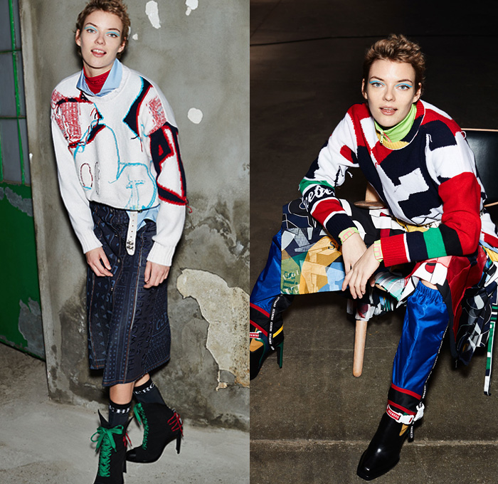 Iceberg 2019 Pre-Fall Autumn Womens Lookbook Presentation - Denim Jeans Polka Dots Typography Embroidery Blouse Gloves Strapless Dress Patchwork Quilted Puffer Parka Coat Bomber Jacket Sportswear Athleisure Track Jogger Nylon Anorak Knit Sweater Cardigan Shearling Fur Mixed Geometric Prints Disney Pleats Skirt Plaid Check Tuxedo Stripe Pantsuit Blazersweats Hybrid Fanny Pack Waist Pouch Bum Bag Wrapped Boots Trainers 