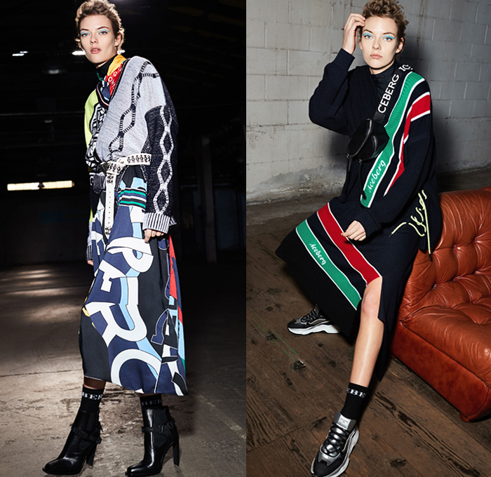 Iceberg 2019 Pre-Fall Autumn Womens Lookbook Presentation - Denim Jeans Polka Dots Typography Embroidery Blouse Gloves Strapless Dress Patchwork Quilted Puffer Parka Coat Bomber Jacket Sportswear Athleisure Track Jogger Nylon Anorak Knit Sweater Cardigan Shearling Fur Mixed Geometric Prints Disney Pleats Skirt Plaid Check Tuxedo Stripe Pantsuit Blazersweats Hybrid Fanny Pack Waist Pouch Bum Bag Wrapped Boots Trainers 