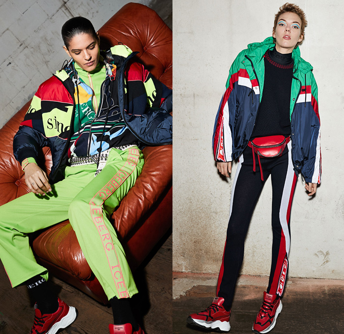 Iceberg 2019 Pre-Fall Autumn Womens Lookbook Presentation - Denim Jeans Polka Dots Typography Embroidery Blouse Gloves Strapless Dress Patchwork Quilted Puffer Parka Coat Bomber Jacket Sportswear Athleisure Track Jogger Nylon Anorak Knit Sweater Cardigan Shearling Fur Mixed Geometric Prints Disney Pleats Skirt Plaid Check Tuxedo Stripe Pantsuit Blazersweats Hybrid Fanny Pack Waist Pouch Bum Bag Wrapped Boots Trainers 