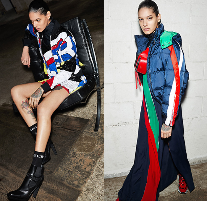 Iceberg 2019 Pre-Fall Autumn Womens Lookbook Presentation - Denim Jeans Polka Dots Typography Embroidery Blouse Gloves Strapless Dress Patchwork Quilted Puffer Parka Coat Bomber Jacket Sportswear Athleisure Track Jogger Nylon Anorak Knit Sweater Cardigan Shearling Fur Mixed Geometric Prints Disney Pleats Skirt Plaid Check Tuxedo Stripe Pantsuit Blazersweats Hybrid Fanny Pack Waist Pouch Bum Bag Wrapped Boots Trainers 