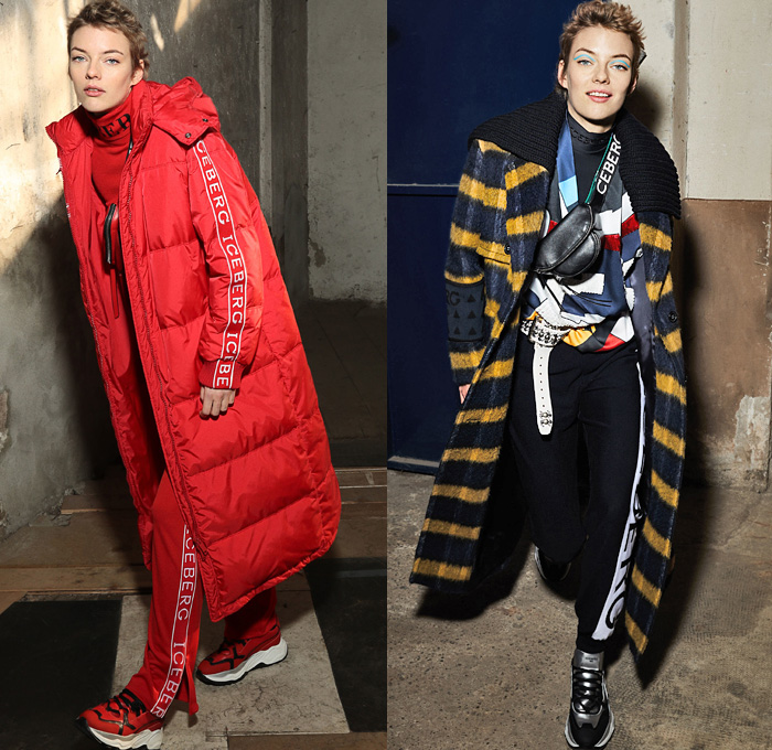 Iceberg 2019 Pre-Fall Autumn Womens Lookbook Presentation - Denim Jeans Polka Dots Typography Embroidery Blouse Gloves Strapless Dress Patchwork Quilted Puffer Parka Coat Bomber Jacket Sportswear Athleisure Track Jogger Nylon Anorak Knit Sweater Cardigan Shearling Fur Mixed Geometric Prints Disney Pleats Skirt Plaid Check Tuxedo Stripe Pantsuit Blazersweats Hybrid Fanny Pack Waist Pouch Bum Bag Wrapped Boots Trainers 