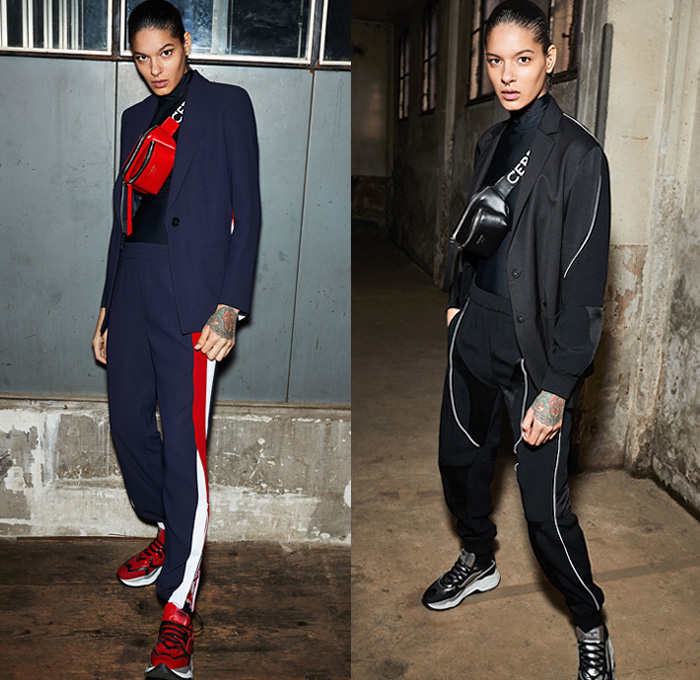 Iceberg 2019 Pre-Fall Autumn Womens Lookbook Presentation - Denim Jeans Polka Dots Typography Embroidery Blouse Gloves Strapless Dress Patchwork Quilted Puffer Parka Coat Bomber Jacket Sportswear Athleisure Track Jogger Nylon Anorak Knit Sweater Cardigan Shearling Fur Mixed Geometric Prints Disney Pleats Skirt Plaid Check Tuxedo Stripe Pantsuit Blazersweats Hybrid Fanny Pack Waist Pouch Bum Bag Wrapped Boots Trainers 