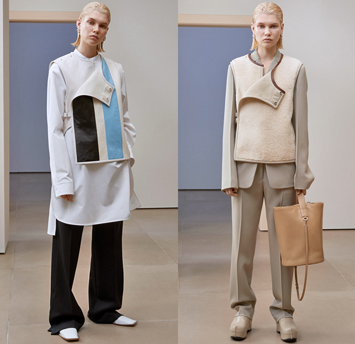 Jil Sander 2019 Pre-Fall Autumn Womens Lookbook Presentation - Simplicity Minimalist Sculptural Textures Fold Over Vest Tabard Wool Quilted Puffer Down Duvet Coat Poncho Pantsuit Wide Sleeves Shirt Turtleneck Stripes Shawl Fringes Midi Skirt Knit Patchwork Check Accordion Pleats Decorative Art Strapless Dress Kaftan Lace Broderie Anglaise Wide Leg Tearaway Snap Buttons Pants Handbag Oversized Tote Box Bucket Fan-Shaped Bag Pouch Flats Fur Platform Boots 