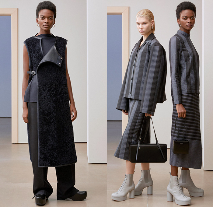 Jil Sander 2019 Pre-Fall Autumn Womens Lookbook Presentation - Simplicity Minimalist Sculptural Textures Fold Over Vest Tabard Wool Quilted Puffer Down Duvet Coat Poncho Pantsuit Wide Sleeves Shirt Turtleneck Stripes Shawl Fringes Midi Skirt Knit Patchwork Check Accordion Pleats Decorative Art Strapless Dress Kaftan Lace Broderie Anglaise Wide Leg Tearaway Snap Buttons Pants Handbag Oversized Tote Box Bucket Fan-Shaped Bag Pouch Flats Fur Platform Boots 