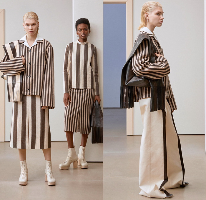 Jil Sander 2019 Pre-Fall Autumn Womens Lookbook Presentation - Simplicity Minimalist Sculptural Textures Fold Over Vest Tabard Wool Quilted Puffer Down Duvet Coat Poncho Pantsuit Wide Sleeves Shirt Turtleneck Stripes Shawl Fringes Midi Skirt Knit Patchwork Check Accordion Pleats Decorative Art Strapless Dress Kaftan Lace Broderie Anglaise Wide Leg Tearaway Snap Buttons Pants Handbag Oversized Tote Box Bucket Fan-Shaped Bag Pouch Flats Fur Platform Boots 