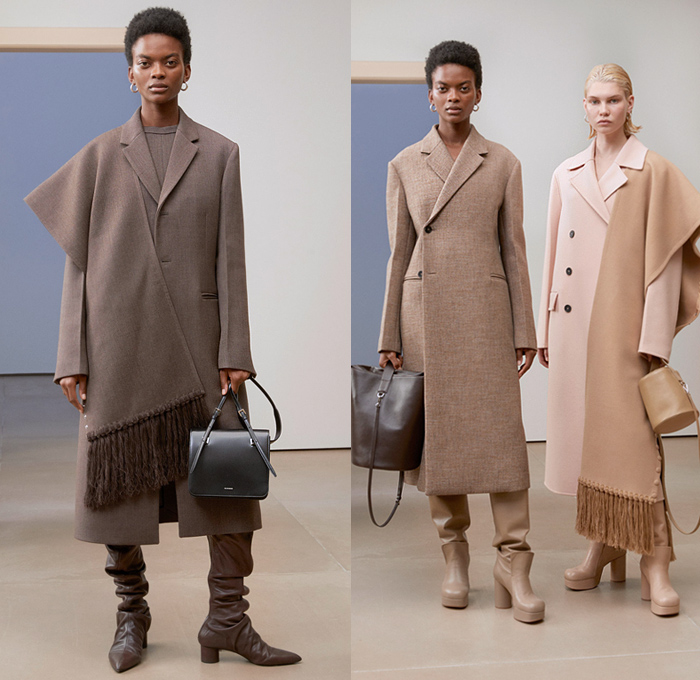 Jil Sander 2019 Pre-Fall Autumn Womens Lookbook Presentation - Simplicity Minimalist Sculptural Textures Fold Over Vest Tabard Wool Quilted Puffer Down Duvet Coat Poncho Pantsuit Wide Sleeves Shirt Turtleneck Stripes Shawl Fringes Midi Skirt Knit Patchwork Check Accordion Pleats Decorative Art Strapless Dress Kaftan Lace Broderie Anglaise Wide Leg Tearaway Snap Buttons Pants Handbag Oversized Tote Box Bucket Fan-Shaped Bag Pouch Flats Fur Platform Boots 