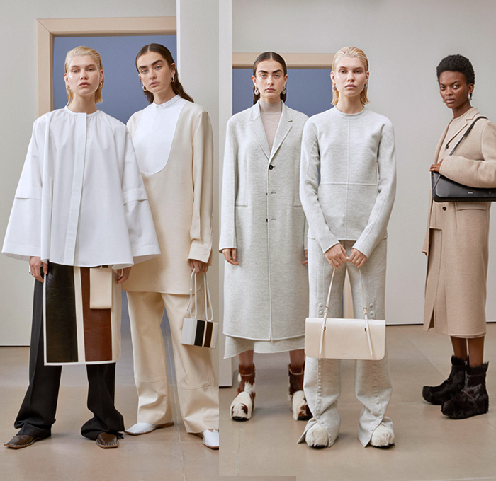 Jil Sander 2019 Pre-Fall Autumn Womens Lookbook Presentation - Simplicity Minimalist Sculptural Textures Fold Over Vest Tabard Wool Quilted Puffer Down Duvet Coat Poncho Pantsuit Wide Sleeves Shirt Turtleneck Stripes Shawl Fringes Midi Skirt Knit Patchwork Check Accordion Pleats Decorative Art Strapless Dress Kaftan Lace Broderie Anglaise Wide Leg Tearaway Snap Buttons Pants Handbag Oversized Tote Box Bucket Fan-Shaped Bag Pouch Flats Fur Platform Boots 