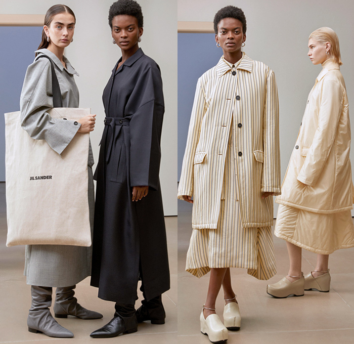 Jil Sander 2019 Pre-Fall Autumn Womens Lookbook Presentation - Simplicity Minimalist Sculptural Textures Fold Over Vest Tabard Wool Quilted Puffer Down Duvet Coat Poncho Pantsuit Wide Sleeves Shirt Turtleneck Stripes Shawl Fringes Midi Skirt Knit Patchwork Check Accordion Pleats Decorative Art Strapless Dress Kaftan Lace Broderie Anglaise Wide Leg Tearaway Snap Buttons Pants Handbag Oversized Tote Box Bucket Fan-Shaped Bag Pouch Flats Fur Platform Boots 