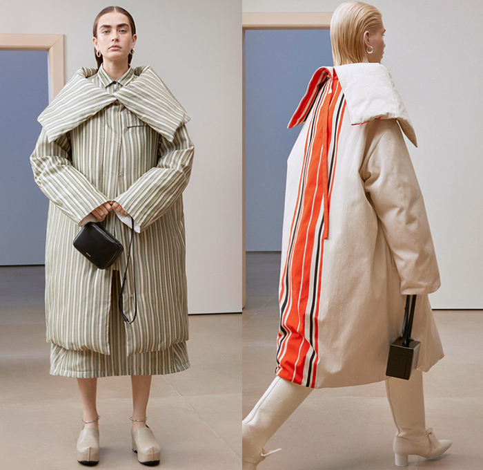 Jil Sander 2019 Pre-Fall Autumn Womens Lookbook Presentation - Simplicity Minimalist Sculptural Textures Fold Over Vest Tabard Wool Quilted Puffer Down Duvet Coat Poncho Pantsuit Wide Sleeves Shirt Turtleneck Stripes Shawl Fringes Midi Skirt Knit Patchwork Check Accordion Pleats Decorative Art Strapless Dress Kaftan Lace Broderie Anglaise Wide Leg Tearaway Snap Buttons Pants Handbag Oversized Tote Box Bucket Fan-Shaped Bag Pouch Flats Fur Platform Boots 