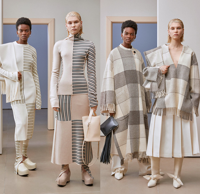 Jil Sander 2019 Pre-Fall Autumn Womens Lookbook Presentation - Simplicity Minimalist Sculptural Textures Fold Over Vest Tabard Wool Quilted Puffer Down Duvet Coat Poncho Pantsuit Wide Sleeves Shirt Turtleneck Stripes Shawl Fringes Midi Skirt Knit Patchwork Check Accordion Pleats Decorative Art Strapless Dress Kaftan Lace Broderie Anglaise Wide Leg Tearaway Snap Buttons Pants Handbag Oversized Tote Box Bucket Fan-Shaped Bag Pouch Flats Fur Platform Boots 