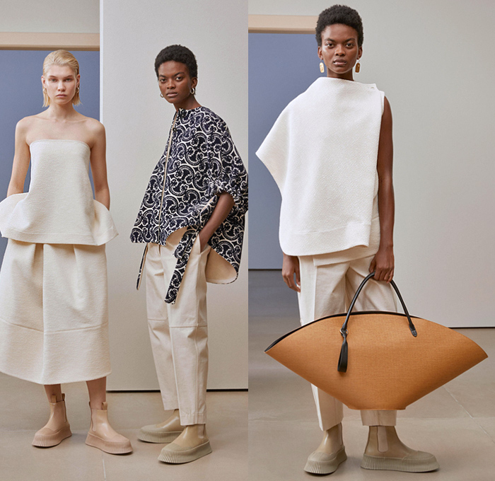 Jil Sander 2019 Pre-Fall Autumn Womens Lookbook Presentation - Simplicity Minimalist Sculptural Textures Fold Over Vest Tabard Wool Quilted Puffer Down Duvet Coat Poncho Pantsuit Wide Sleeves Shirt Turtleneck Stripes Shawl Fringes Midi Skirt Knit Patchwork Check Accordion Pleats Decorative Art Strapless Dress Kaftan Lace Broderie Anglaise Wide Leg Tearaway Snap Buttons Pants Handbag Oversized Tote Box Bucket Fan-Shaped Bag Pouch Flats Fur Platform Boots 