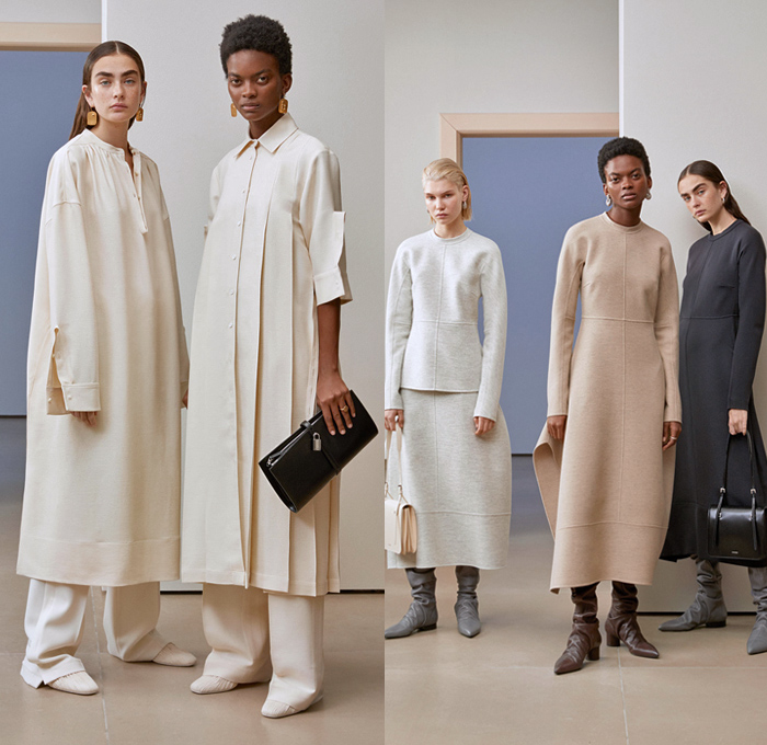 Jil Sander 2019 Pre-Fall Autumn Womens Lookbook Presentation - Simplicity Minimalist Sculptural Textures Fold Over Vest Tabard Wool Quilted Puffer Down Duvet Coat Poncho Pantsuit Wide Sleeves Shirt Turtleneck Stripes Shawl Fringes Midi Skirt Knit Patchwork Check Accordion Pleats Decorative Art Strapless Dress Kaftan Lace Broderie Anglaise Wide Leg Tearaway Snap Buttons Pants Handbag Oversized Tote Box Bucket Fan-Shaped Bag Pouch Flats Fur Platform Boots 