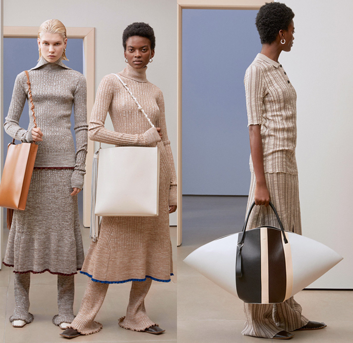 Jil Sander 2019 Pre-Fall Autumn Womens Lookbook Presentation - Simplicity Minimalist Sculptural Textures Fold Over Vest Tabard Wool Quilted Puffer Down Duvet Coat Poncho Pantsuit Wide Sleeves Shirt Turtleneck Stripes Shawl Fringes Midi Skirt Knit Patchwork Check Accordion Pleats Decorative Art Strapless Dress Kaftan Lace Broderie Anglaise Wide Leg Tearaway Snap Buttons Pants Handbag Oversized Tote Box Bucket Fan-Shaped Bag Pouch Flats Fur Platform Boots 