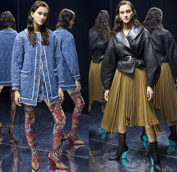 Just Cavalli 2019 Pre-Fall Autumn Womens Lookbook Presentation - Quilted Denim Jeans Coat Blazer Animalia Leopard Tiger Stripes Snakeskin Leather Jacket Kimono Robe Strapless Dress Cape Halterneck Accordion Pleats Embroidery Bedazzled Sequins Beads Studs Fringes Ruffles Plaid Check Flowers Floral Cowhide Knit Cardigan Blouse Miniskirt Sweater Bike Cycling Shorts Leggings Western Wrapped Boots Suede Handbag Fanny Pack Waist Pouch Bum Bag