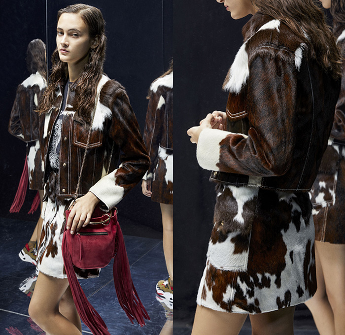 Just Cavalli 2019 Pre-Fall Autumn Womens Lookbook Presentation - Quilted Denim Jeans Coat Blazer Animalia Leopard Tiger Stripes Snakeskin Leather Jacket Kimono Robe Strapless Dress Cape Halterneck Accordion Pleats Embroidery Bedazzled Sequins Beads Studs Fringes Ruffles Plaid Check Flowers Floral Cowhide Knit Cardigan Blouse Miniskirt Sweater Bike Cycling Shorts Leggings Western Wrapped Boots Suede Handbag Fanny Pack Waist Pouch Bum Bag