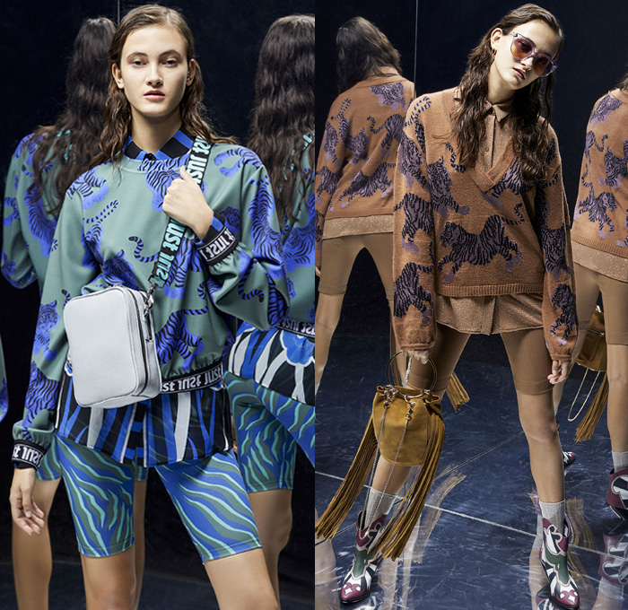 Just Cavalli 2019 Pre-Fall Autumn Womens Lookbook Presentation - Quilted Denim Jeans Coat Blazer Animalia Leopard Tiger Stripes Snakeskin Leather Jacket Kimono Robe Strapless Dress Cape Halterneck Accordion Pleats Embroidery Bedazzled Sequins Beads Studs Fringes Ruffles Plaid Check Flowers Floral Cowhide Knit Cardigan Blouse Miniskirt Sweater Bike Cycling Shorts Leggings Western Wrapped Boots Suede Handbag Fanny Pack Waist Pouch Bum Bag