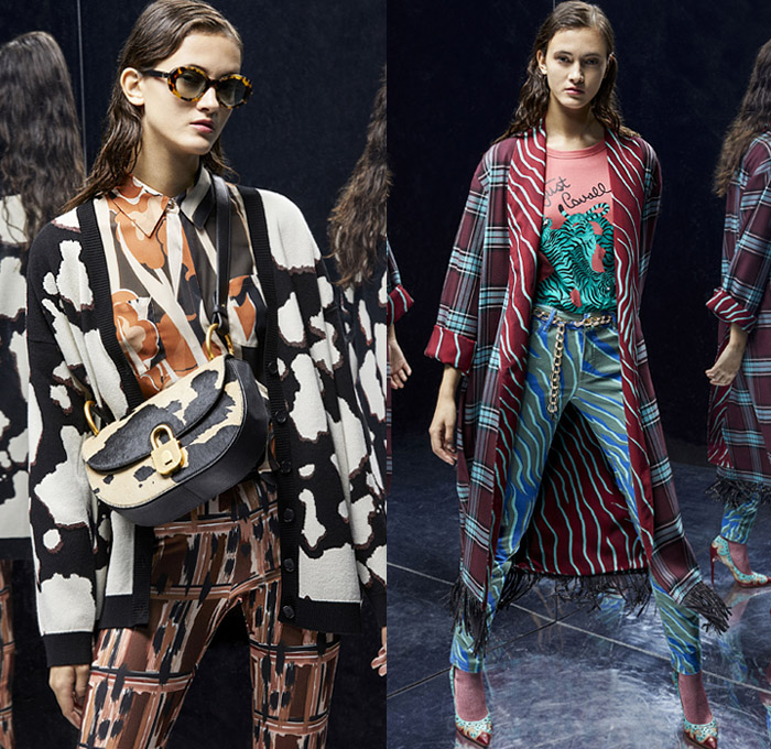 Just Cavalli 2019 Pre-Fall Autumn Womens Lookbook Presentation - Quilted Denim Jeans Coat Blazer Animalia Leopard Tiger Stripes Snakeskin Leather Jacket Kimono Robe Strapless Dress Cape Halterneck Accordion Pleats Embroidery Bedazzled Sequins Beads Studs Fringes Ruffles Plaid Check Flowers Floral Cowhide Knit Cardigan Blouse Miniskirt Sweater Bike Cycling Shorts Leggings Western Wrapped Boots Suede Handbag Fanny Pack Waist Pouch Bum Bag