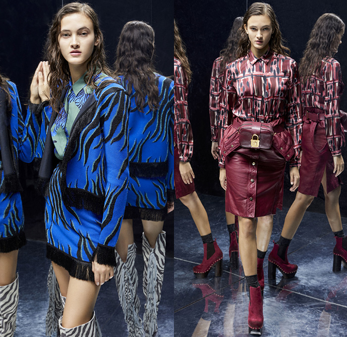 Just Cavalli 2019 Pre-Fall Autumn Womens Lookbook Presentation - Quilted Denim Jeans Coat Blazer Animalia Leopard Tiger Stripes Snakeskin Leather Jacket Kimono Robe Strapless Dress Cape Halterneck Accordion Pleats Embroidery Bedazzled Sequins Beads Studs Fringes Ruffles Plaid Check Flowers Floral Cowhide Knit Cardigan Blouse Miniskirt Sweater Bike Cycling Shorts Leggings Western Wrapped Boots Suede Handbag Fanny Pack Waist Pouch Bum Bag
