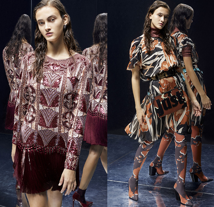 Just Cavalli 2019 Pre-Fall Autumn Womens Lookbook Presentation - Quilted Denim Jeans Coat Blazer Animalia Leopard Tiger Stripes Snakeskin Leather Jacket Kimono Robe Strapless Dress Cape Halterneck Accordion Pleats Embroidery Bedazzled Sequins Beads Studs Fringes Ruffles Plaid Check Flowers Floral Cowhide Knit Cardigan Blouse Miniskirt Sweater Bike Cycling Shorts Leggings Western Wrapped Boots Suede Handbag Fanny Pack Waist Pouch Bum Bag