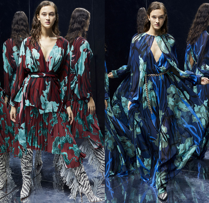 Just Cavalli 2019 Pre-Fall Autumn Womens Lookbook Presentation - Quilted Denim Jeans Coat Blazer Animalia Leopard Tiger Stripes Snakeskin Leather Jacket Kimono Robe Strapless Dress Cape Halterneck Accordion Pleats Embroidery Bedazzled Sequins Beads Studs Fringes Ruffles Plaid Check Flowers Floral Cowhide Knit Cardigan Blouse Miniskirt Sweater Bike Cycling Shorts Leggings Western Wrapped Boots Suede Handbag Fanny Pack Waist Pouch Bum Bag