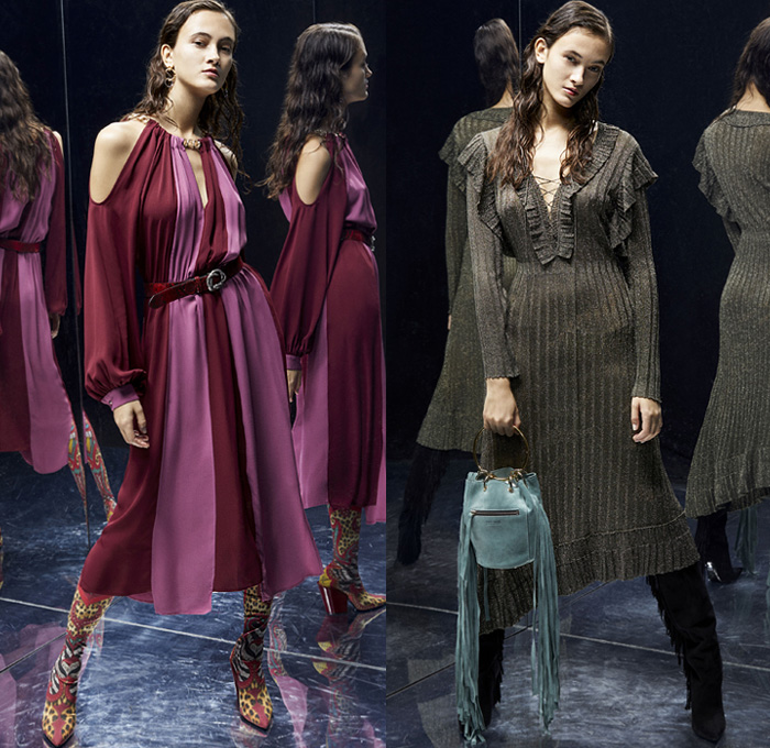 Just Cavalli 2019 Pre-Fall Autumn Womens Lookbook Presentation - Quilted Denim Jeans Coat Blazer Animalia Leopard Tiger Stripes Snakeskin Leather Jacket Kimono Robe Strapless Dress Cape Halterneck Accordion Pleats Embroidery Bedazzled Sequins Beads Studs Fringes Ruffles Plaid Check Flowers Floral Cowhide Knit Cardigan Blouse Miniskirt Sweater Bike Cycling Shorts Leggings Western Wrapped Boots Suede Handbag Fanny Pack Waist Pouch Bum Bag